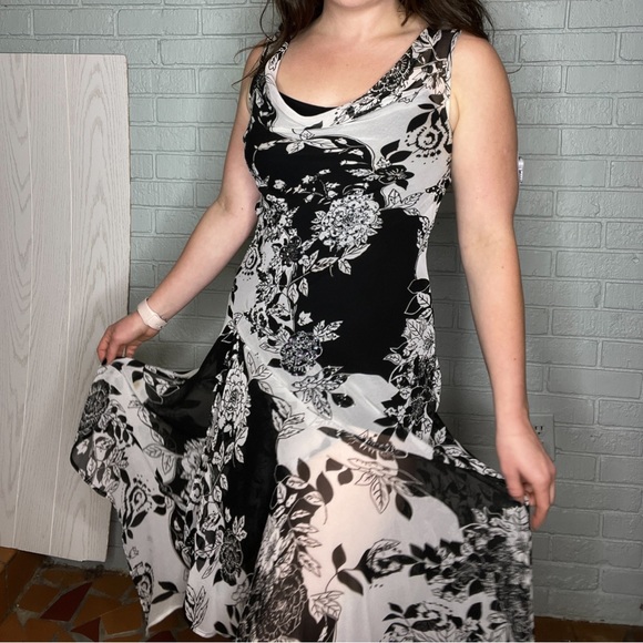 Vintage Sheer Asymmetrical Hem Black and White Beaded Midi Dress Size Medium - Picture 7 of 12